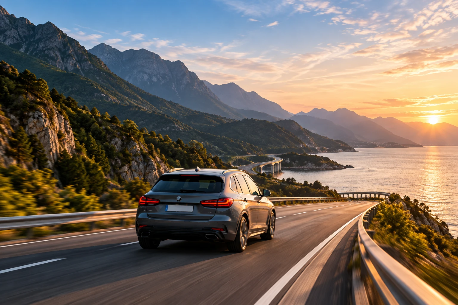 Auto op een kustweg bij zonsondergang