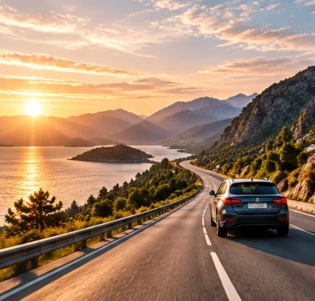 Auto op een kustweg bij zonsondergang